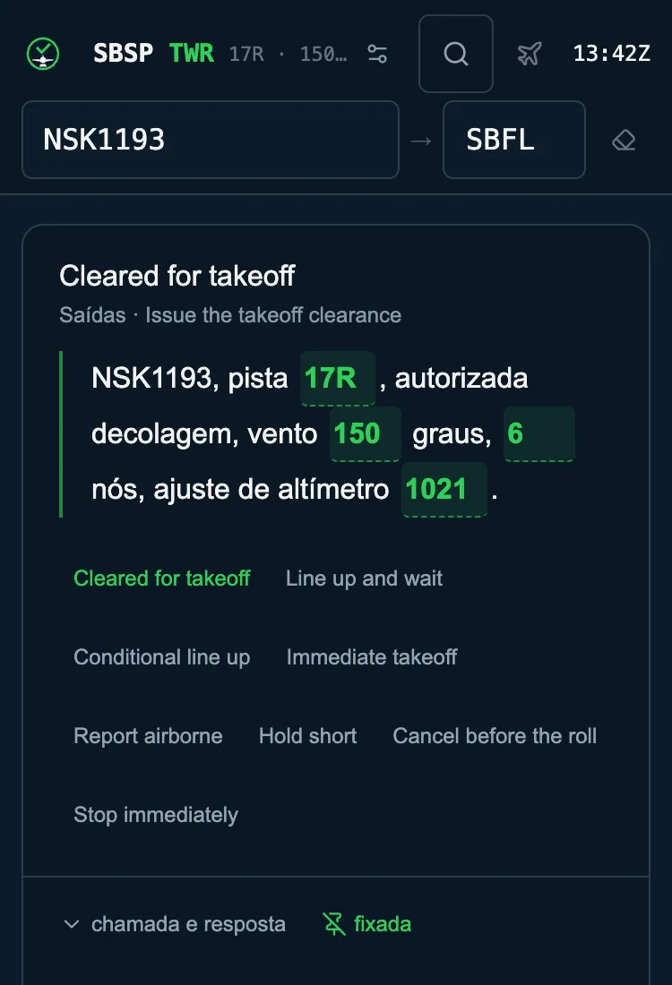 App do controlador na Torre de Congonhas: a autorização de decolagem para o NSK1193 com a pista 17R, o vento e o ajuste de altímetro do momento, o que o piloto chama e o que ele repete, e as frases mais usadas do turno.