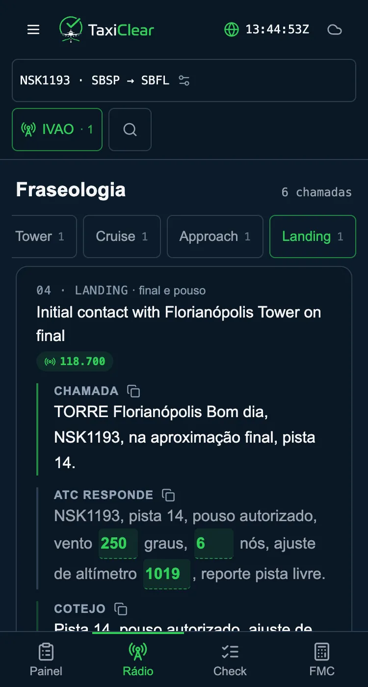 App do piloto no voo NSK1193, de Congonhas para Florianópolis: o primeiro contato com a Torre Florianópolis na final, na frequência 118.700, a autorização de pouso na pista 14 com o vento e o ajuste de altímetro do momento, e o que o piloto repete de volta.